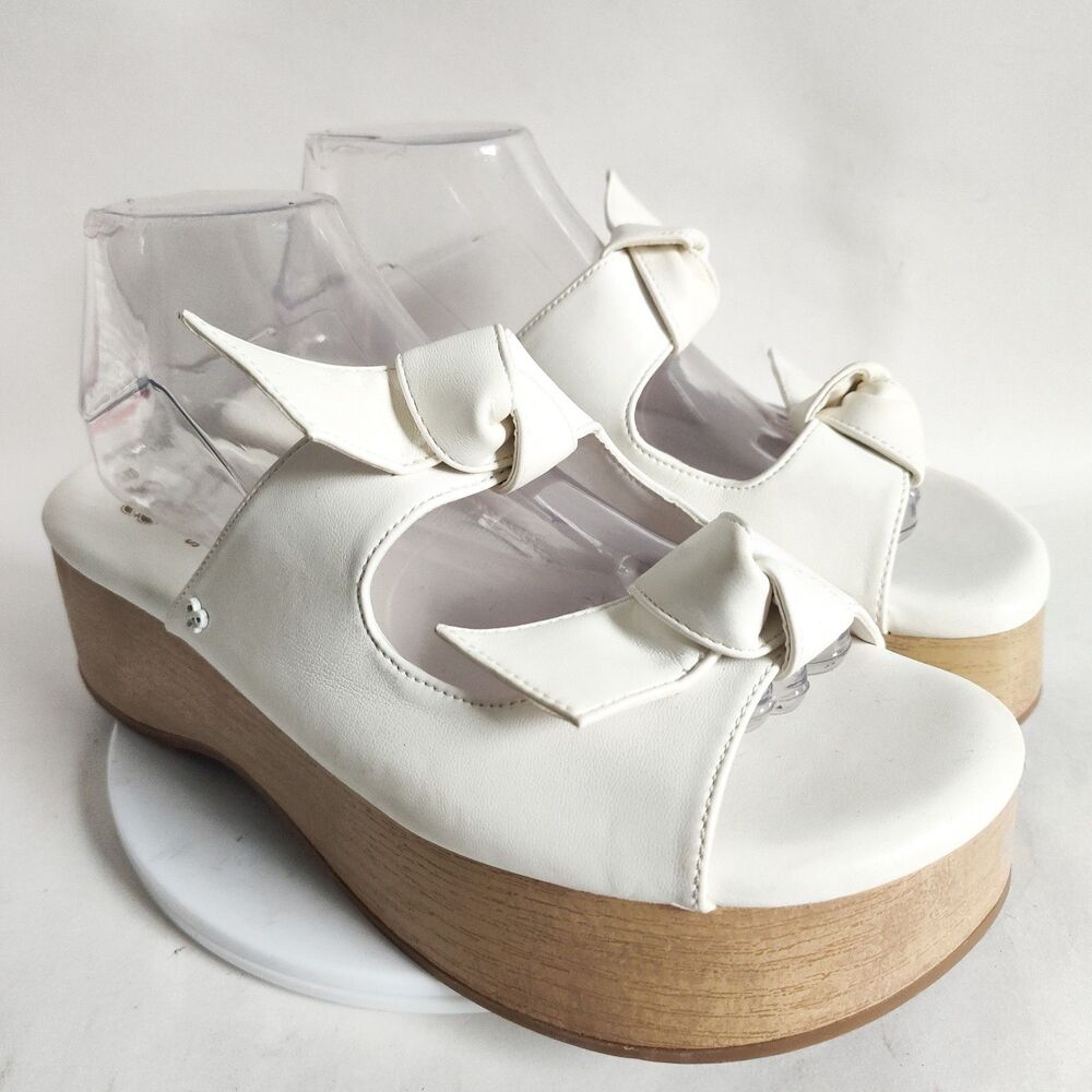 Sam & Libby Retro White Faux Leather Wooden Platform Wedge Sandals Bows Size 10M